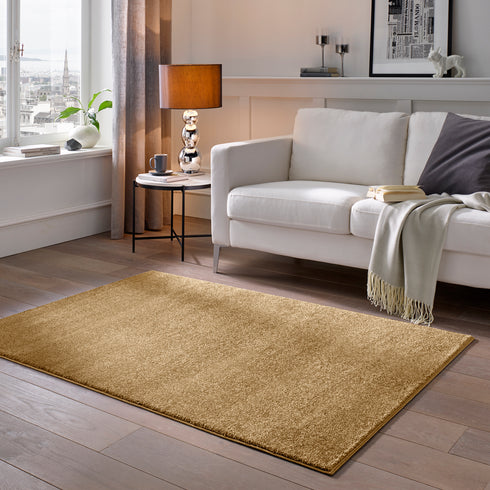 Kurzflor Teppich Designer | Flauschiger Flachflor fürs Wohnzimmer, Esszimmer, Schlafzimmer oder Kinderzimmer | Gelb